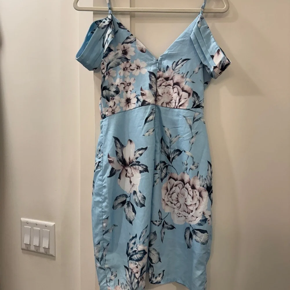 Light Blue Floral Mini Dress with Wrap Front - Picture 2 of 4